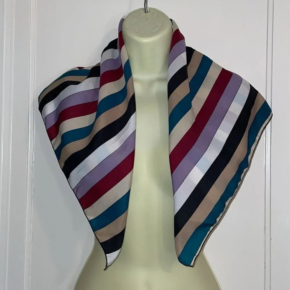 Vtg 70s/80s green,tan, black, white, lavender & maroon striped‎ polyester scarf